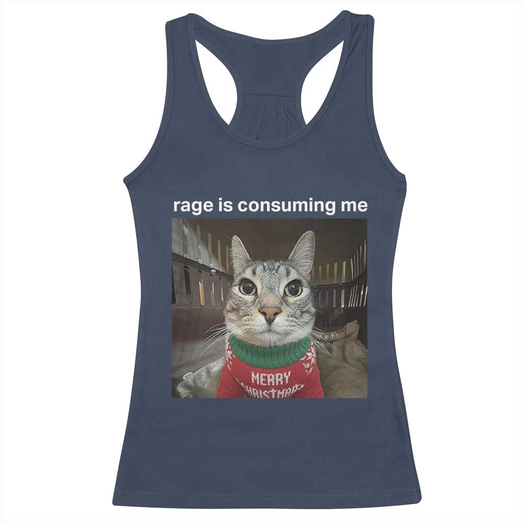 Rage Is Consuming Me Christmas Racerback Tank Top Funny Silly Staring Cat Meme Xmas Ugly Sweater TS11 Navy Print Your Wear