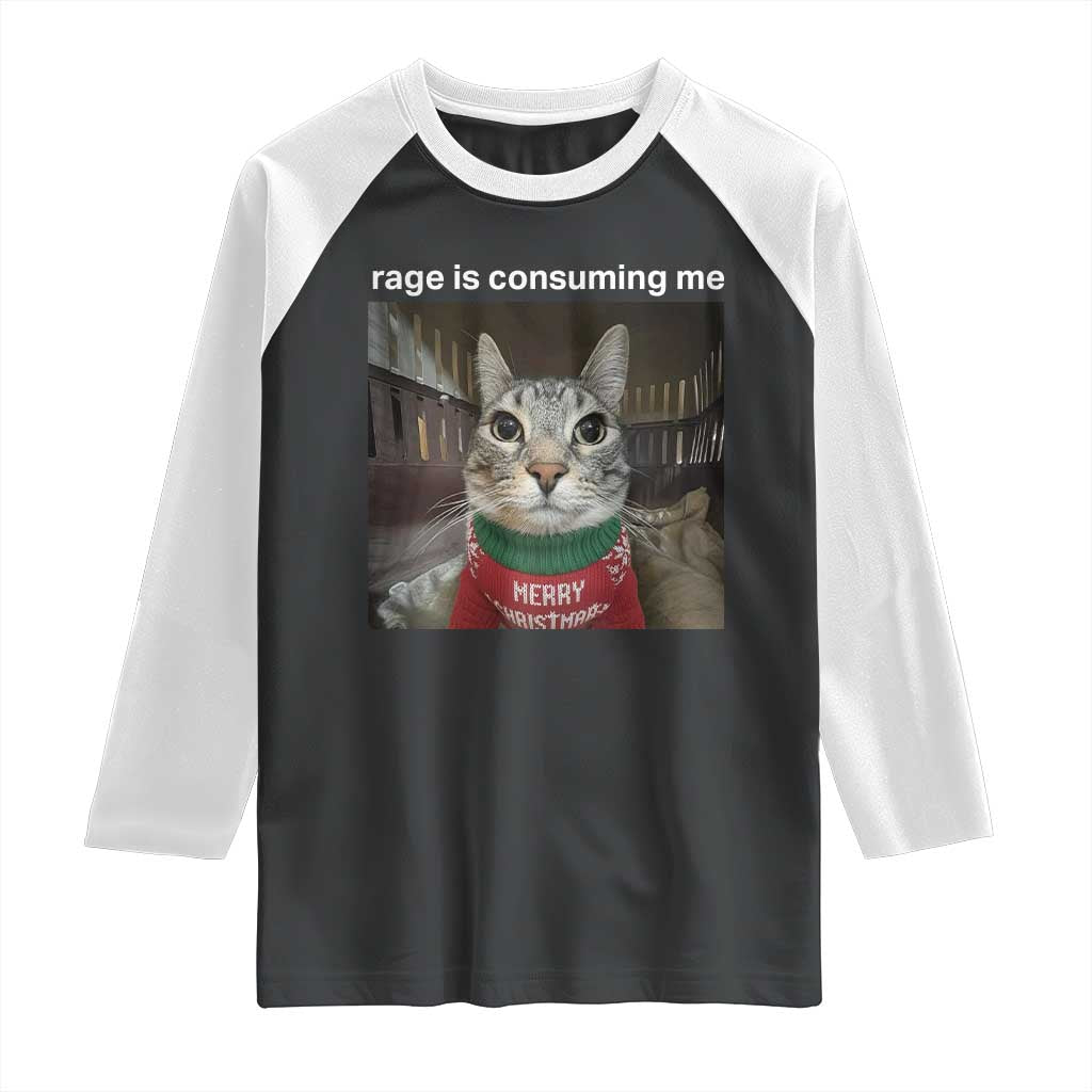 Rage Is Consuming Me Christmas Raglan Shirt Funny Silly Staring Cat Meme Xmas Ugly Sweater TS11 Black White Print Your Wear