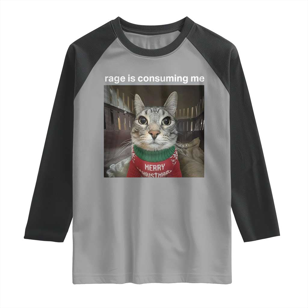 Rage Is Consuming Me Christmas Raglan Shirt Funny Silly Staring Cat Meme Xmas Ugly Sweater TS11 Sport Gray Black Print Your Wear