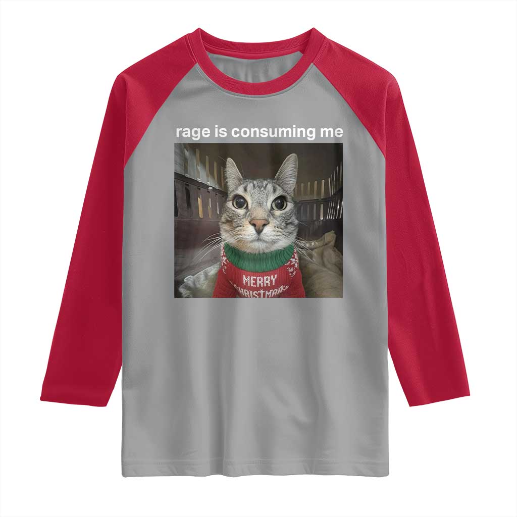 Rage Is Consuming Me Christmas Raglan Shirt Funny Silly Staring Cat Meme Xmas Ugly Sweater TS11 Sport Gray Red Print Your Wear