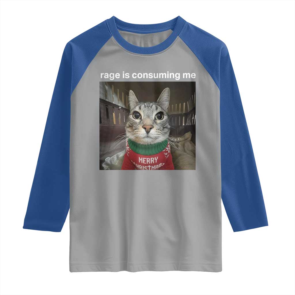 Rage Is Consuming Me Christmas Raglan Shirt Funny Silly Staring Cat Meme Xmas Ugly Sweater TS11 Sport Gray Royal Print Your Wear