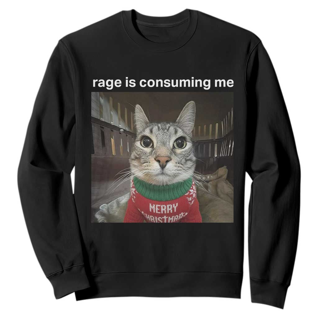 Rage Is Consuming Me Christmas Sweatshirt Funny Silly Staring Cat Meme Xmas Ugly Sweater TS11 Black Print Your Wear