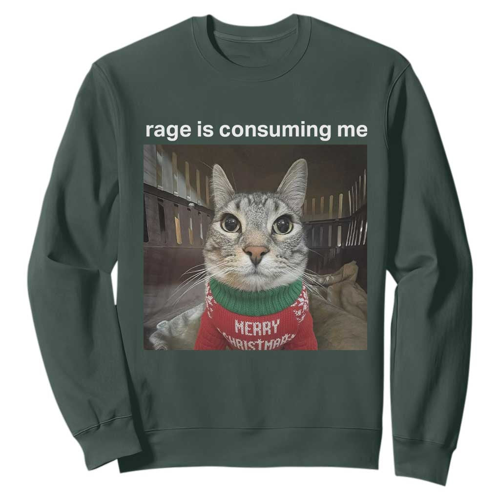 Rage Is Consuming Me Christmas Sweatshirt Funny Silly Staring Cat Meme Xmas Ugly Sweater TS11 Dark Forest Green Print Your Wear