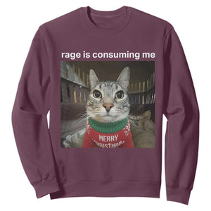 Rage Is Consuming Me Christmas Sweatshirt Funny Silly Staring Cat Meme Xmas Ugly Sweater TS11 Maroon Print Your Wear