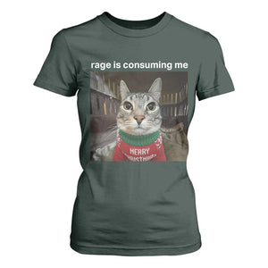 Rage Is Consuming Me Christmas T Shirt For Women Funny Silly Staring Cat Meme Xmas Ugly Sweater TS11 Dark Forest Green Print Your Wear