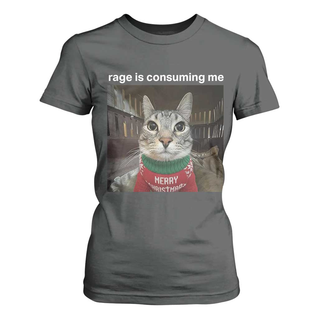 Rage Is Consuming Me Christmas T Shirt For Women Funny Silly Staring Cat Meme Xmas Ugly Sweater TS11 Dark Heather Print Your Wear