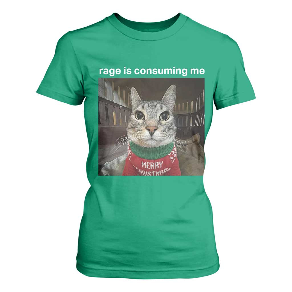 Rage Is Consuming Me Christmas T Shirt For Women Funny Silly Staring Cat Meme Xmas Ugly Sweater TS11 Irish Green Print Your Wear