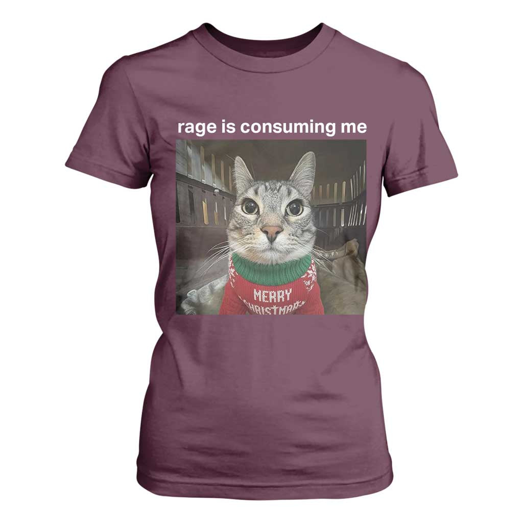Rage Is Consuming Me Christmas T Shirt For Women Funny Silly Staring Cat Meme Xmas Ugly Sweater TS11 Maroon Print Your Wear