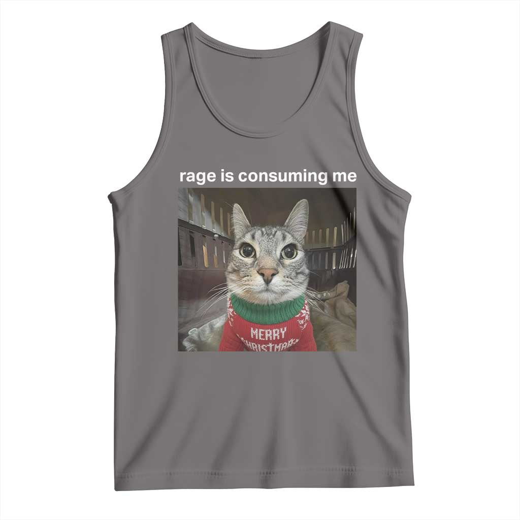 Rage Is Consuming Me Christmas Tank Top Funny Silly Staring Cat Meme Xmas Ugly Sweater TS11 Deep Heather Print Your Wear