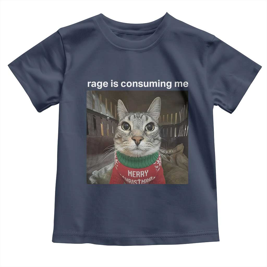 Rage Is Consuming Me Christmas Toddler T Shirt Funny Silly Staring Cat Meme Xmas Ugly Sweater TS11 Navy Print Your Wear