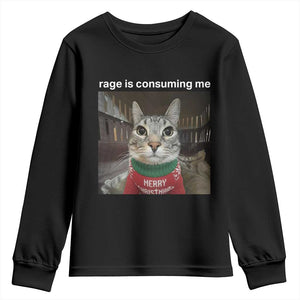 Rage Is Consuming Me Christmas Youth Sweatshirt Funny Silly Staring Cat Meme Xmas Ugly Sweater TS11 Black Print Your Wear