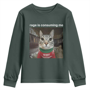 Rage Is Consuming Me Christmas Youth Sweatshirt Funny Silly Staring Cat Meme Xmas Ugly Sweater TS11 Dark Forest Green Print Your Wear