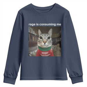 Rage Is Consuming Me Christmas Youth Sweatshirt Funny Silly Staring Cat Meme Xmas Ugly Sweater TS11 Navy Print Your Wear