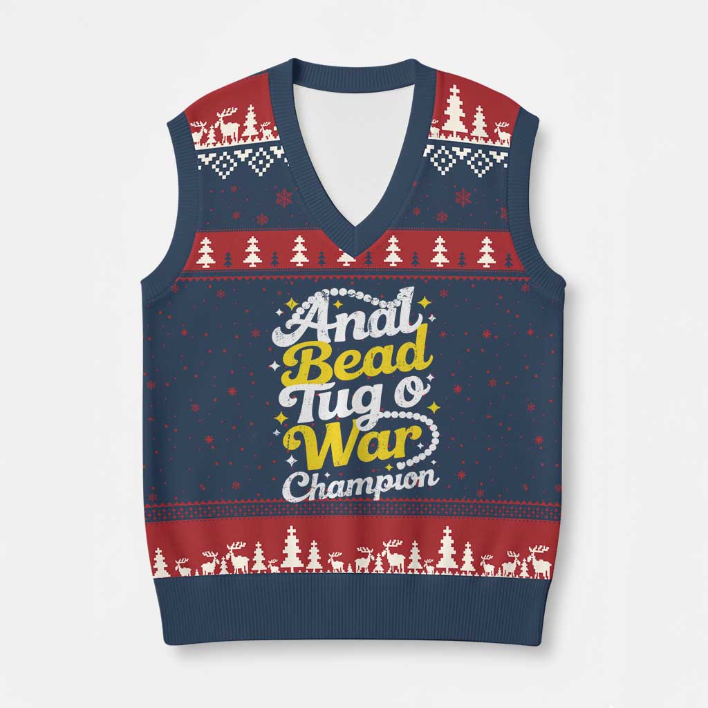Funny Anal Bead Tug O War V-Neck Knit Sweater Vest Inappropriate Adult Humor Weird Cringe TS11 Navy Red Print Your Wear