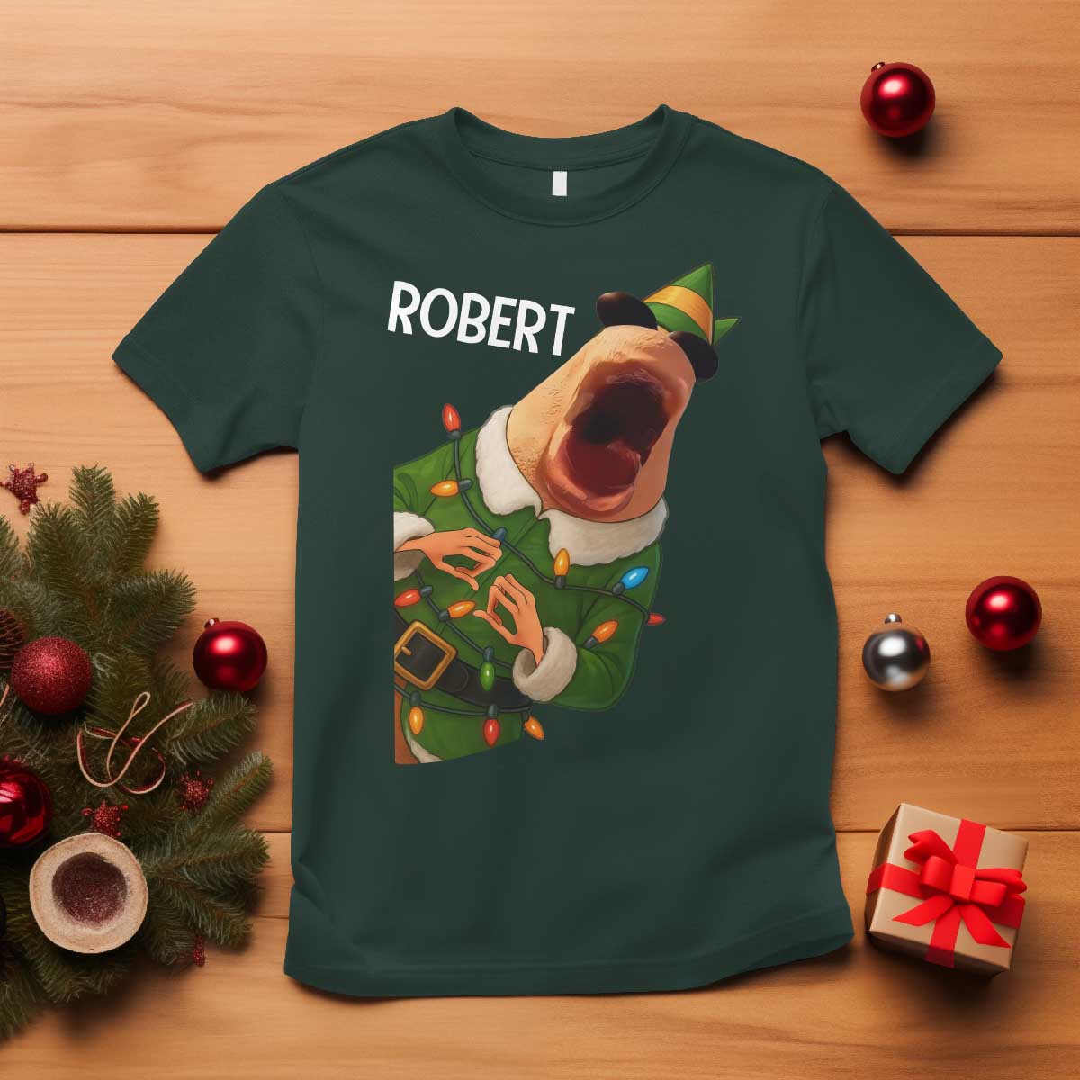 Funny Christmas Marcus The Worm Robert Xmas Elf T Shirt TS11 Dark Forest Green Print Your Wear