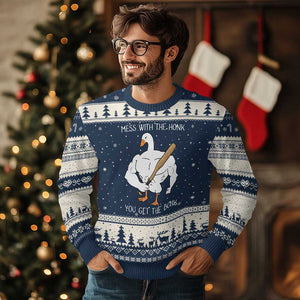 Funny Mess With The Honk You Get The Bonk Ugly Christmas Sweater Muscle Silly Goose TS11 Navy Beige Print Your Wear