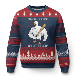 Funny Mess With The Honk You Get The Bonk Ugly Christmas Sweater Muscle Silly Goose TS11 Navy Red Print Your Wear