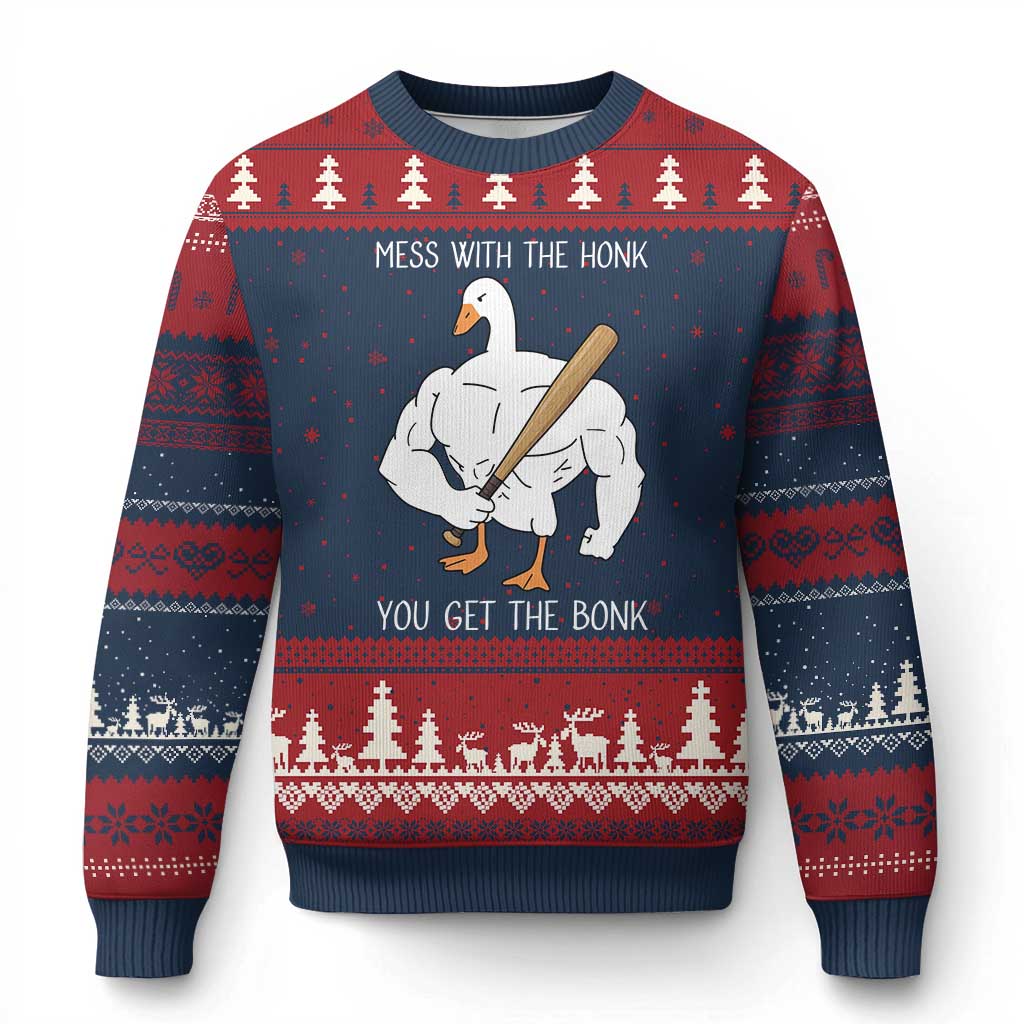 Funny Mess With The Honk You Get The Bonk Ugly Christmas Sweater Muscle Silly Goose TS11 Navy Red Print Your Wear