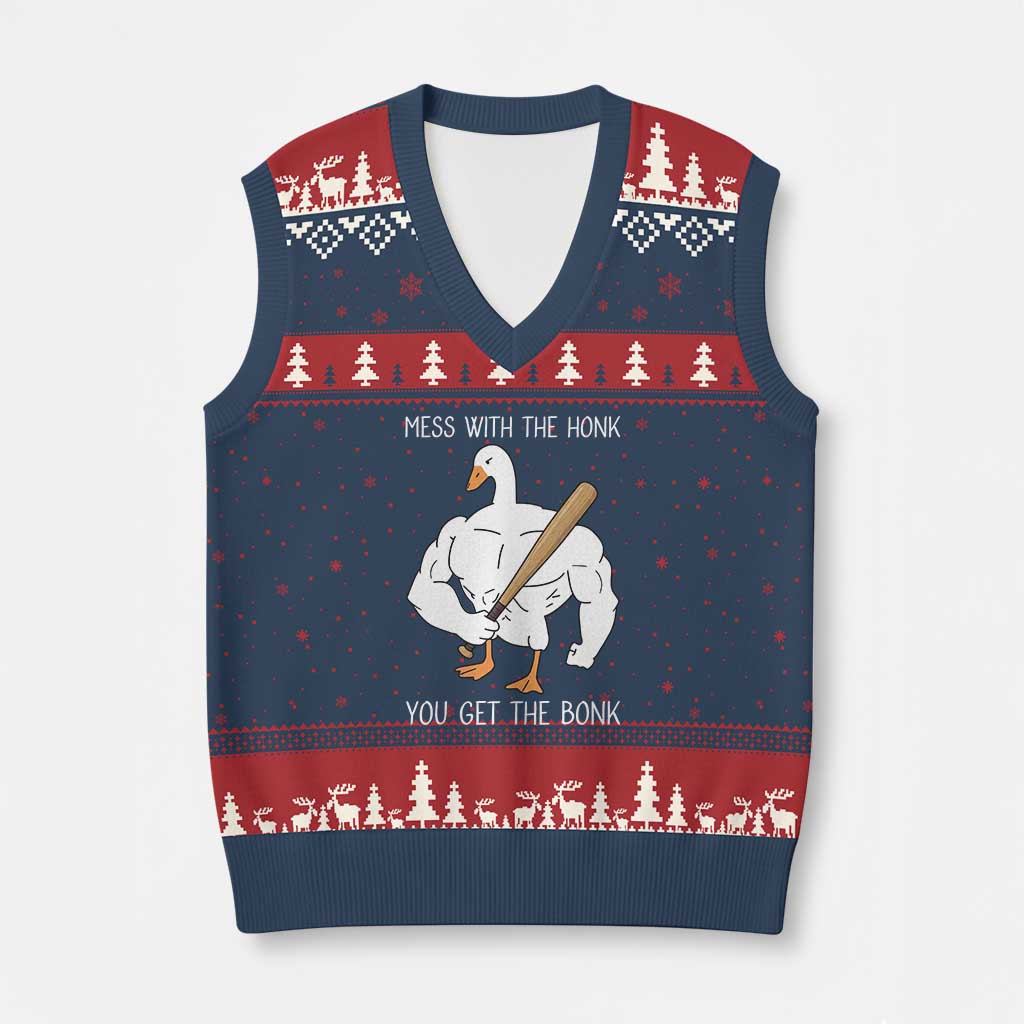 Funny Mess With The Honk You Get The Bonk V-Neck Knit Sweater Vest Muscle Silly Goose TS11 Navy Red Print Your Wear