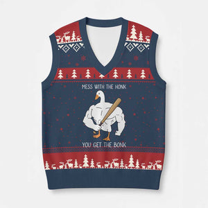Funny Mess With The Honk You Get The Bonk V-Neck Knit Sweater Vest Muscle Silly Goose TS11 Navy Red Print Your Wear