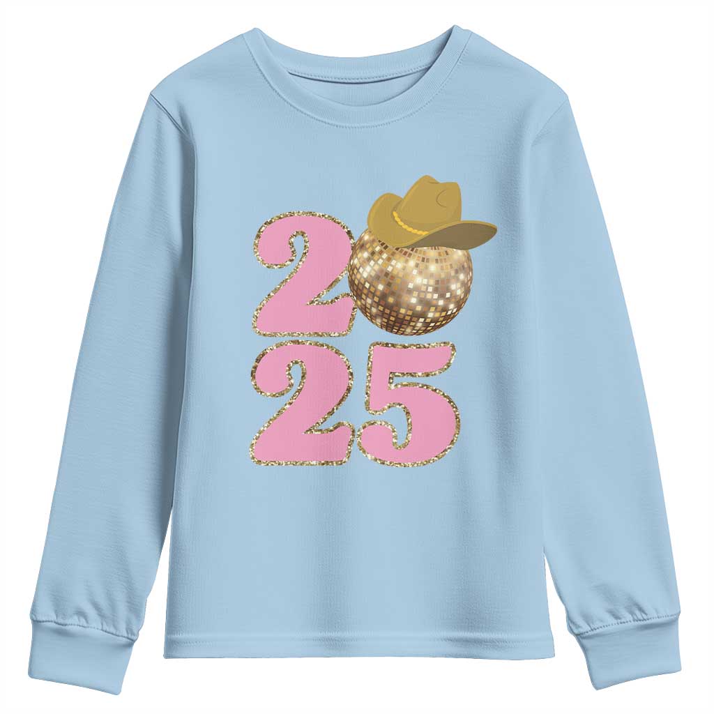 Howdy New Year 2025 Youth Sweatshirt Happy New Year Sparkling Cowboy Cowgirl TS11 Light Blue Print Your Wear
