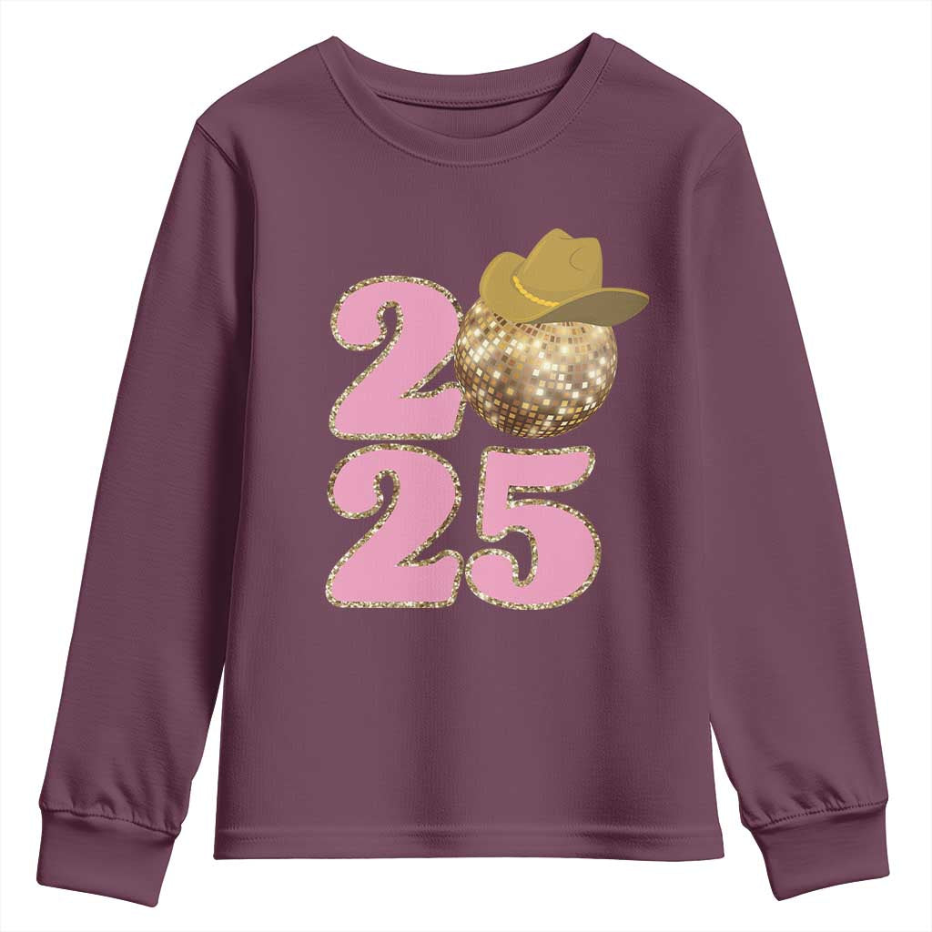 Howdy New Year 2025 Youth Sweatshirt Happy New Year Sparkling Cowboy Cowgirl TS11 Maroon Print Your Wear