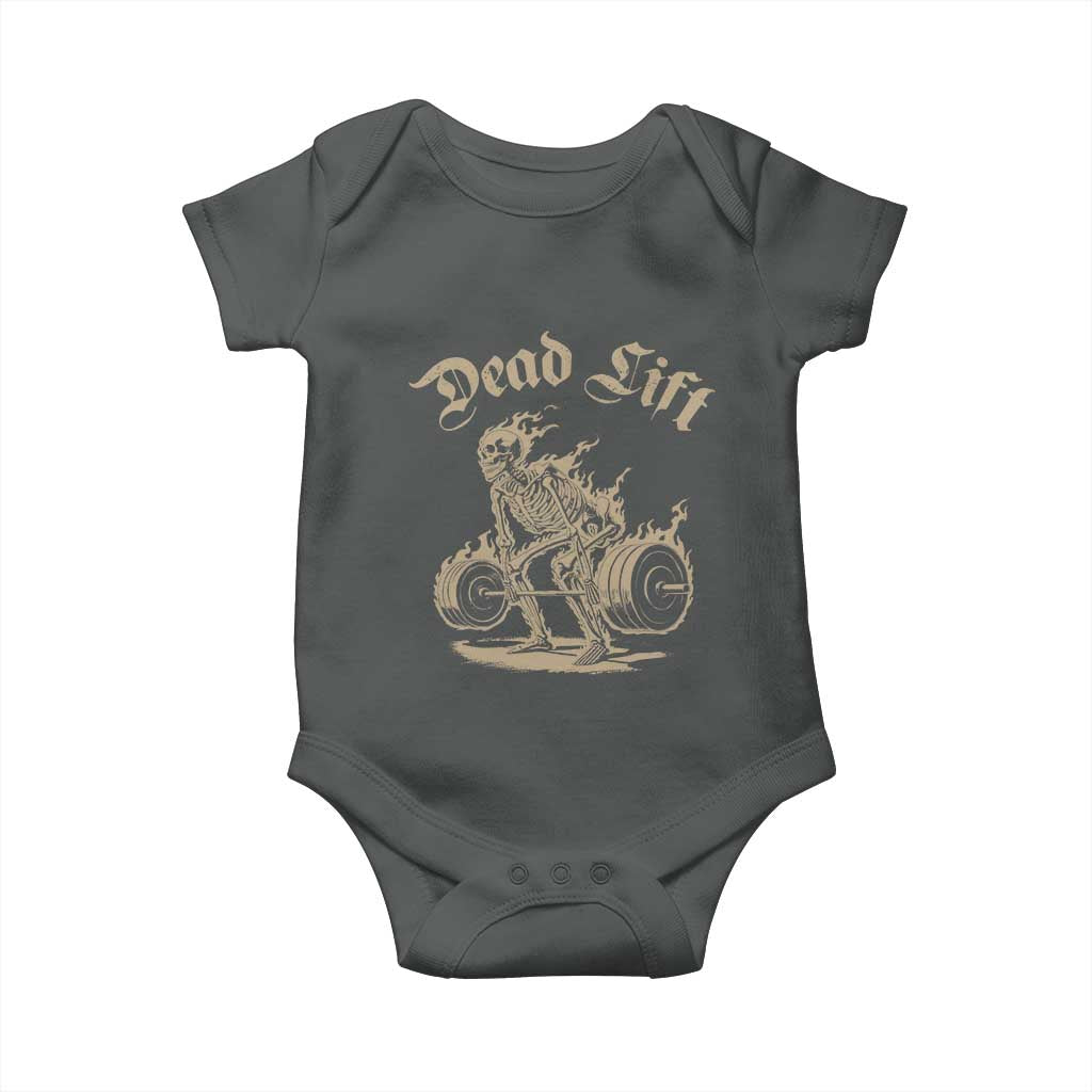 Funny Deadlifts Lifting Weights Gym Skeleton Baby Onesie TS11 Dark Heather Print Your Wear