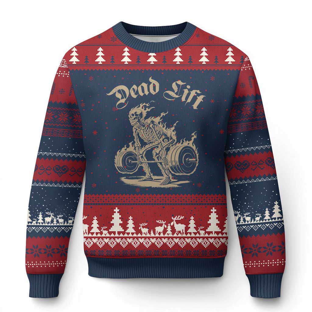 Funny Deadlifts Lifting Weights Gym Skeleton Ugly Christmas Sweater TS11 Navy Red Print Your Wear