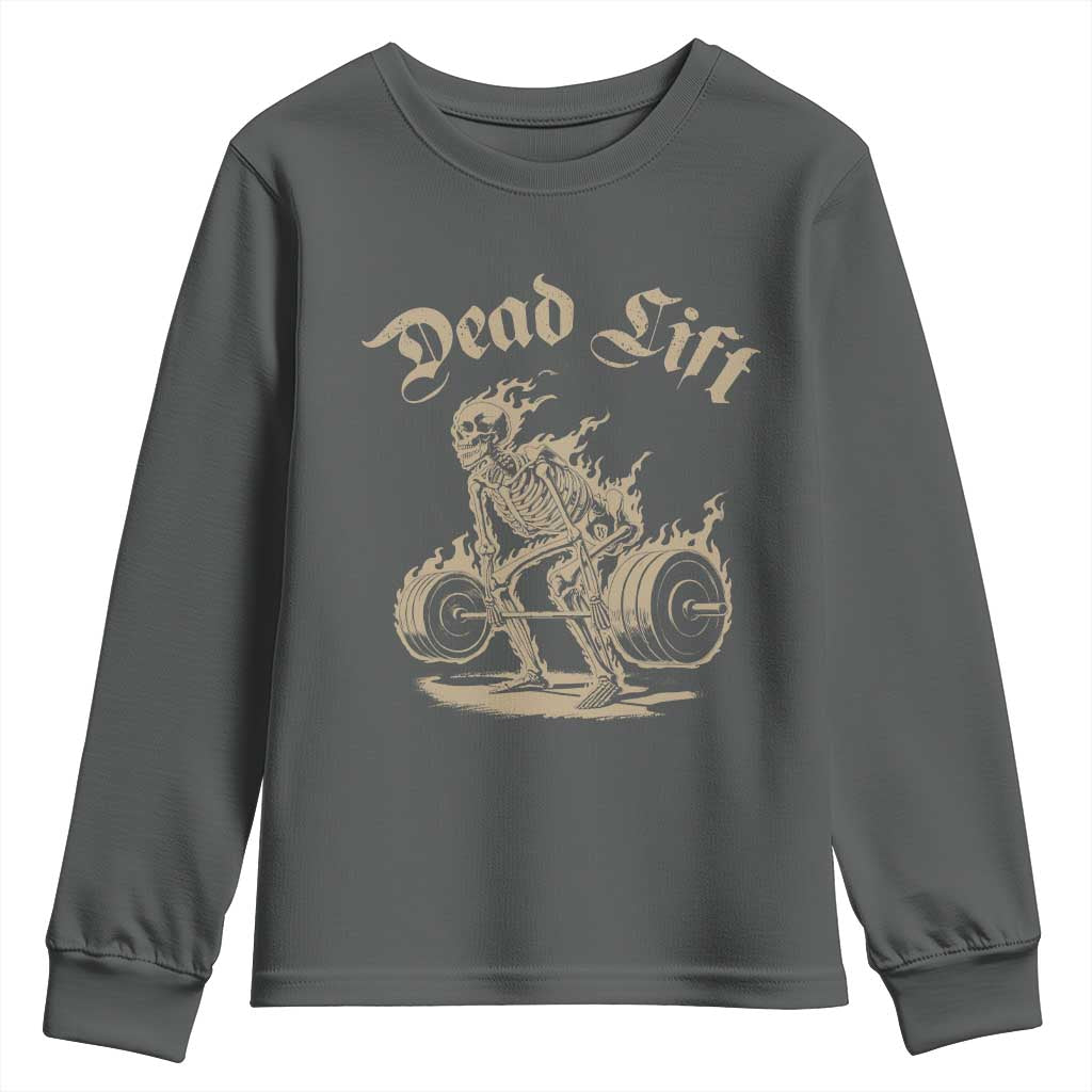 Funny Deadlifts Lifting Weights Gym Skeleton Youth Sweatshirt TS11 Dark Heather Print Your Wear
