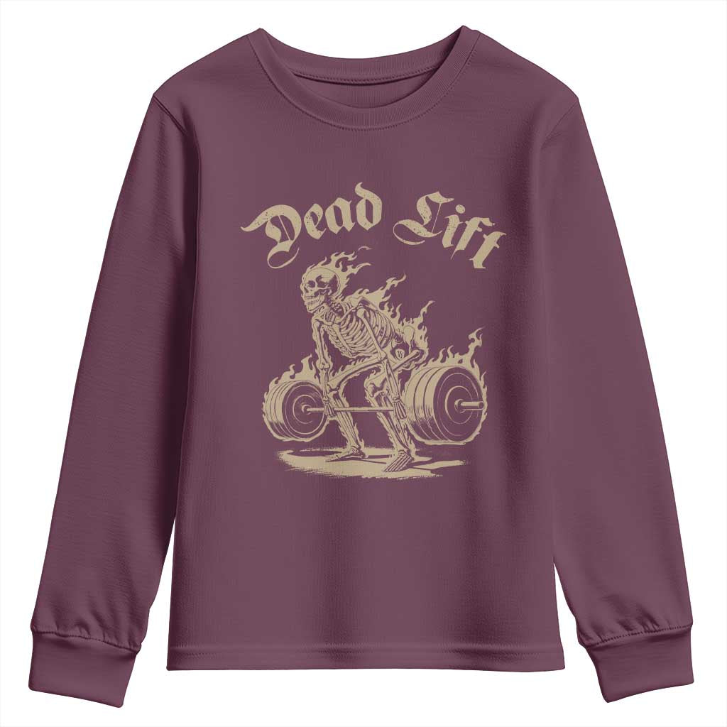 Funny Deadlifts Lifting Weights Gym Skeleton Youth Sweatshirt TS11 Maroon Print Your Wear