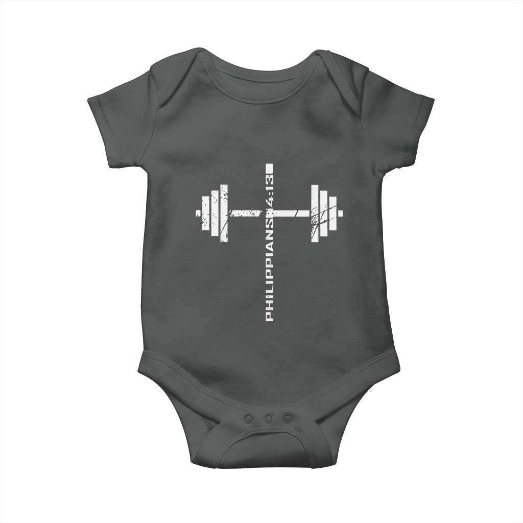 Christian Bible Gym Baby Onesie Jesus Weightlifter Workout Faith Philippians 4 13 TS11 Dark Heather Print Your Wear