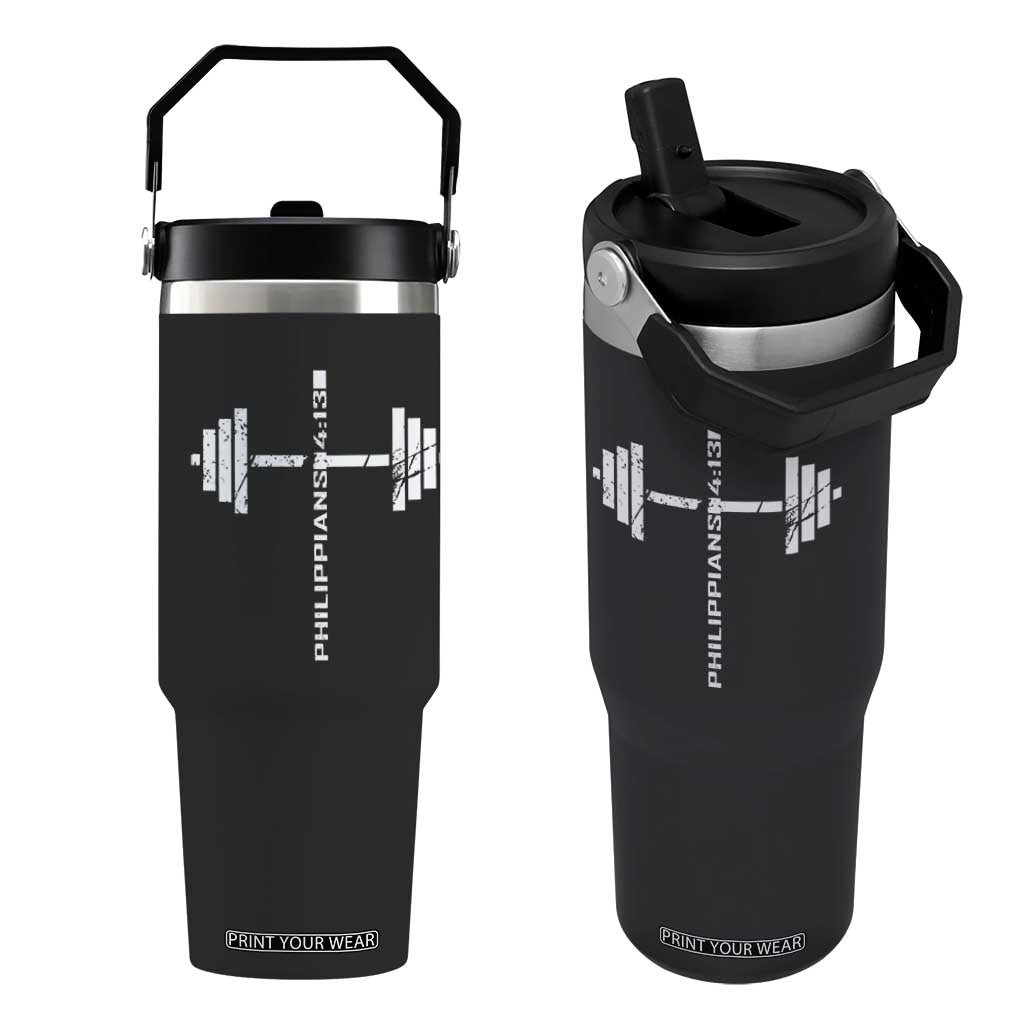 Christian Bible Gym Flip Straw Tumbler Jesus Weightlifter Workout Faith Philippians 4 13 TS11 One Size: 30 oz Black Print Your Wear