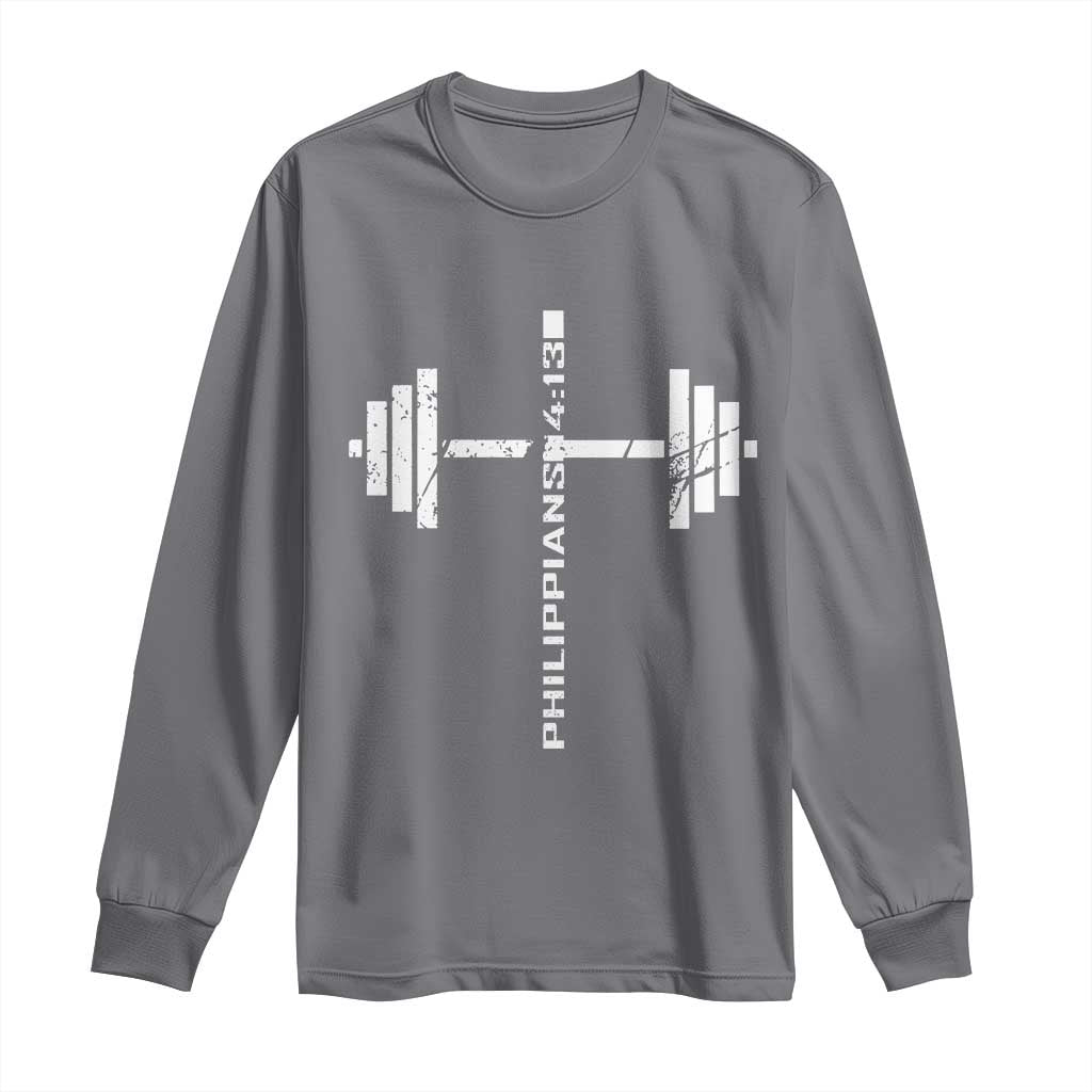 Christian Bible Gym Long Sleeve Shirt Jesus Weightlifter Workout Faith Philippians 4 13 TS11 Charcoal Print Your Wear