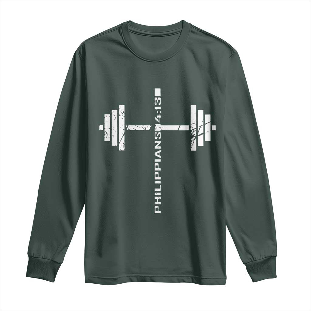 Christian Bible Gym Long Sleeve Shirt Jesus Weightlifter Workout Faith Philippians 4 13 TS11 Dark Forest Green Print Your Wear