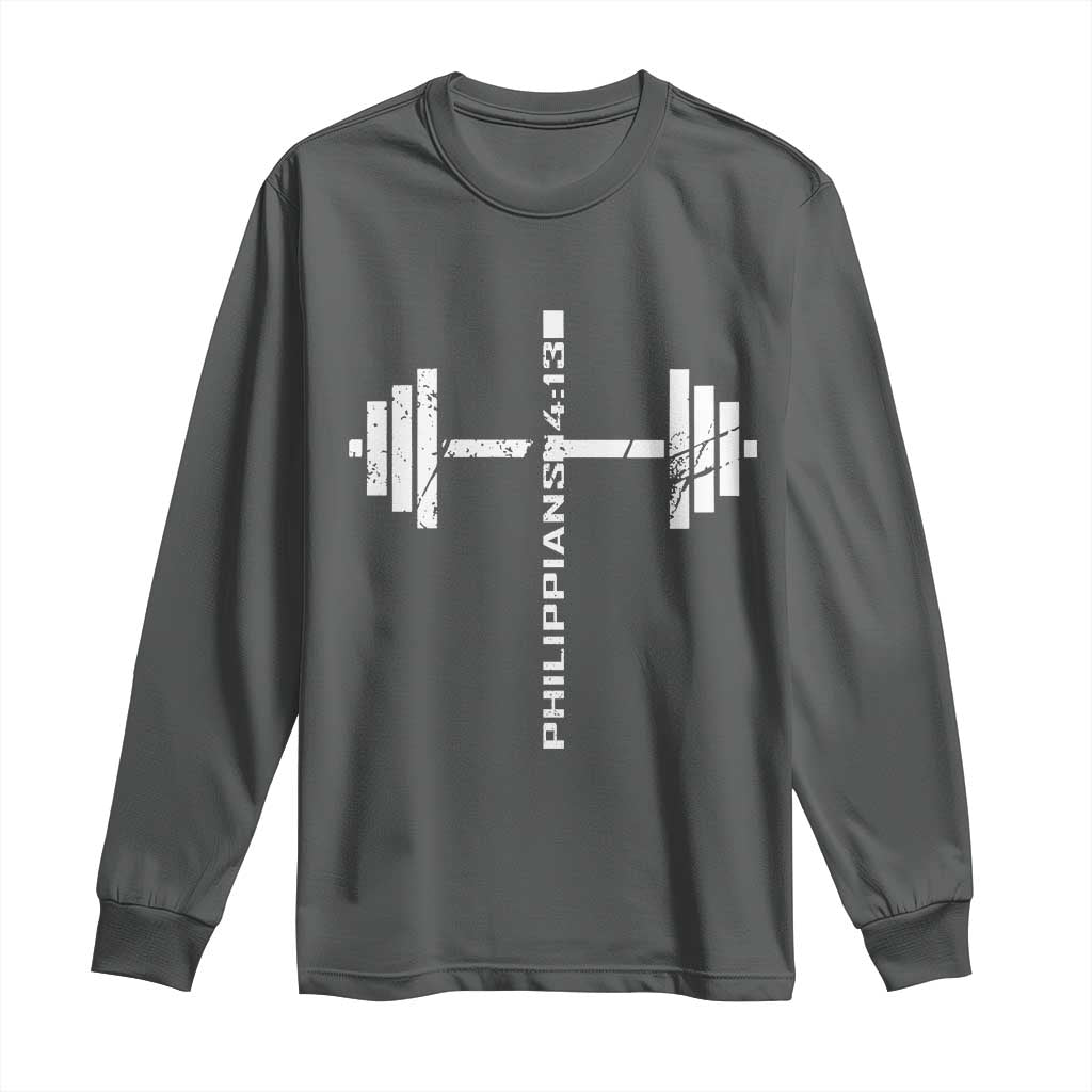 Christian Bible Gym Long Sleeve Shirt Jesus Weightlifter Workout Faith Philippians 4 13 TS11 Dark Heather Print Your Wear