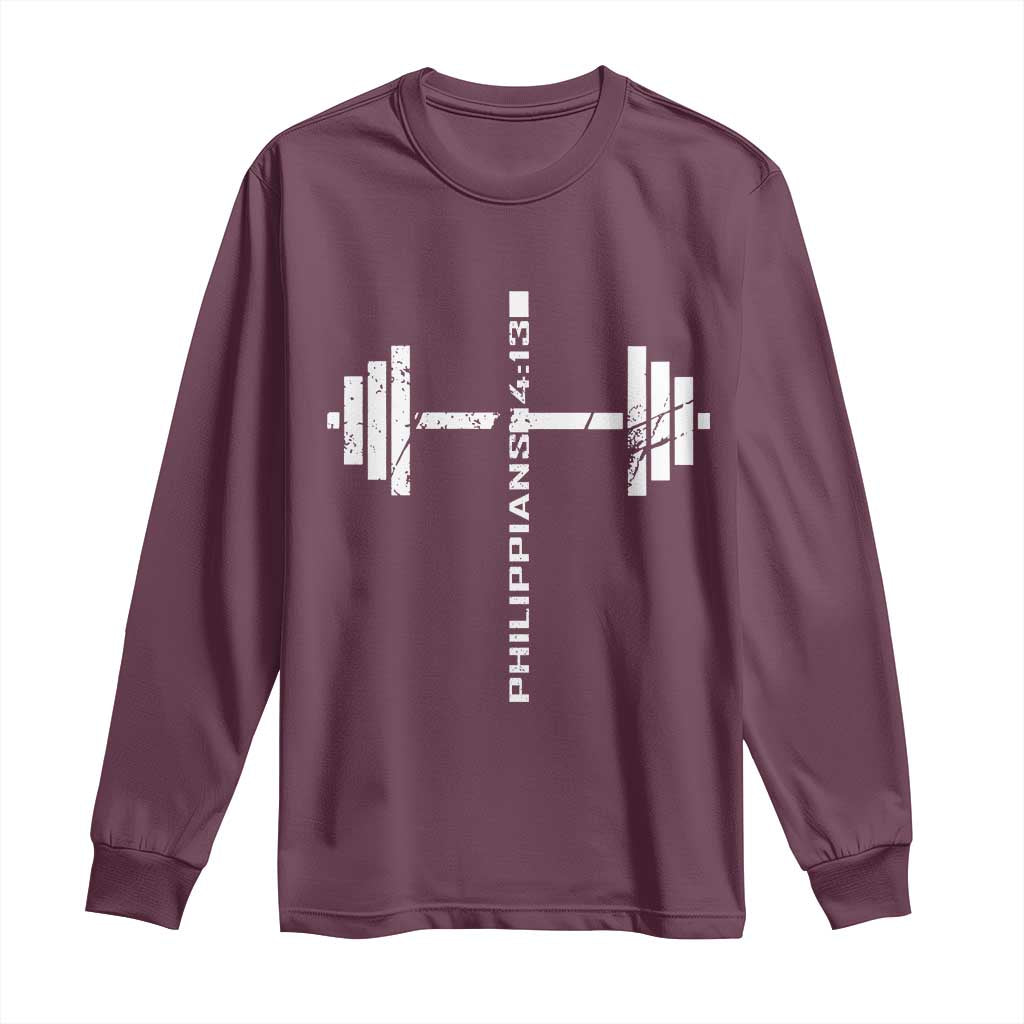 Christian Bible Gym Long Sleeve Shirt Jesus Weightlifter Workout Faith Philippians 4 13 TS11 Maroon Print Your Wear