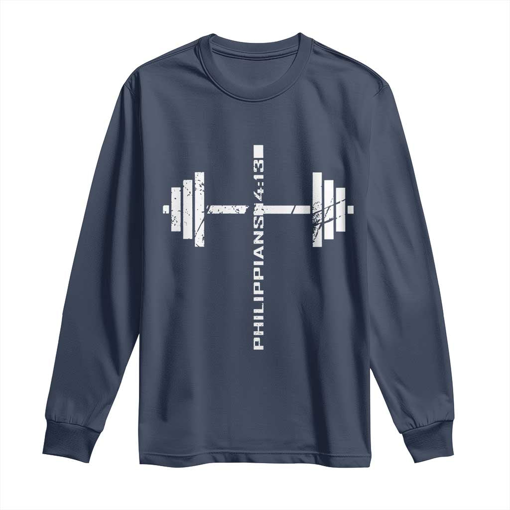 Christian Bible Gym Long Sleeve Shirt Jesus Weightlifter Workout Faith Philippians 4 13 TS11 Navy Print Your Wear