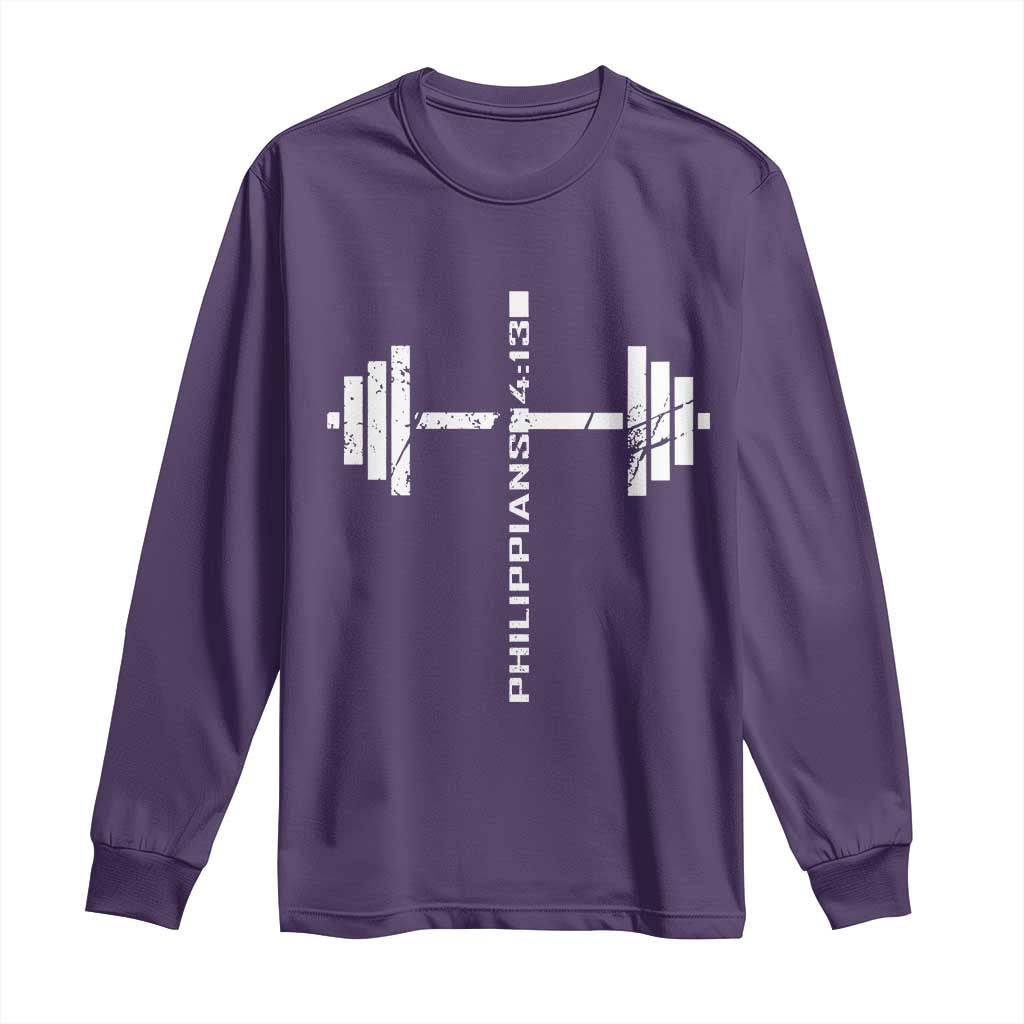 Christian Bible Gym Long Sleeve Shirt Jesus Weightlifter Workout Faith Philippians 4 13 TS11 Purple Print Your Wear