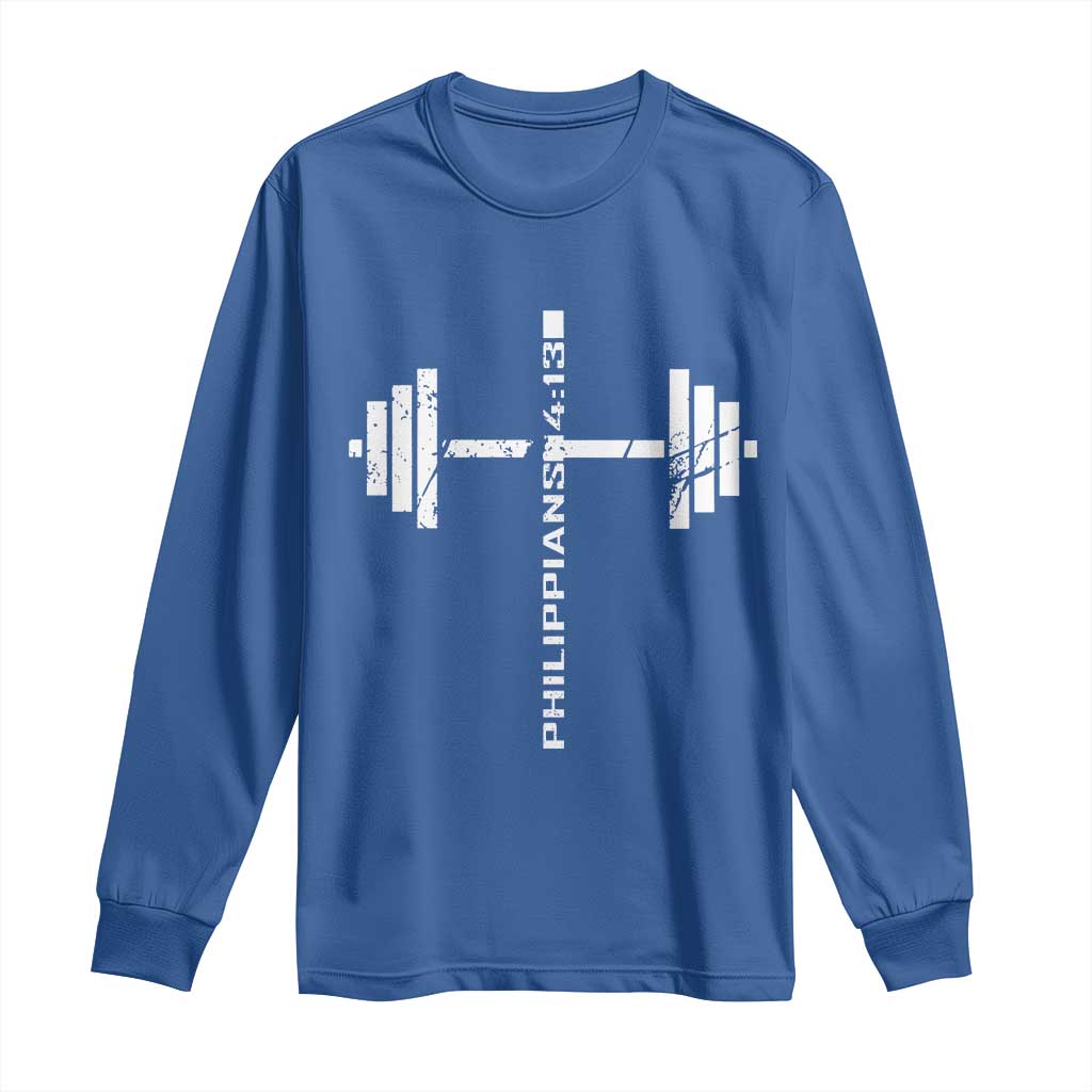 Christian Bible Gym Long Sleeve Shirt Jesus Weightlifter Workout Faith Philippians 4 13 TS11 Royal Blue Print Your Wear