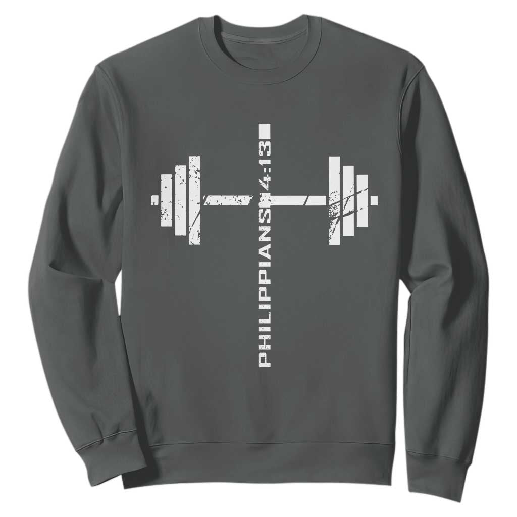 Christian Bible Gym Sweatshirt Jesus Weightlifter Workout Faith Philippians 4 13 TS11 Dark Heather Print Your Wear