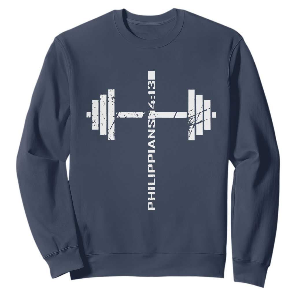 Christian Bible Gym Sweatshirt Jesus Weightlifter Workout Faith Philippians 4 13 TS11 Navy Print Your Wear