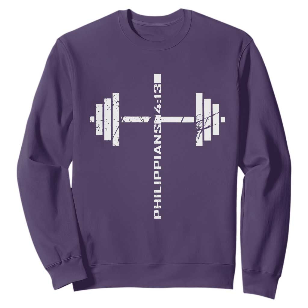 Christian Bible Gym Sweatshirt Jesus Weightlifter Workout Faith Philippians 4 13 TS11 Purple Print Your Wear