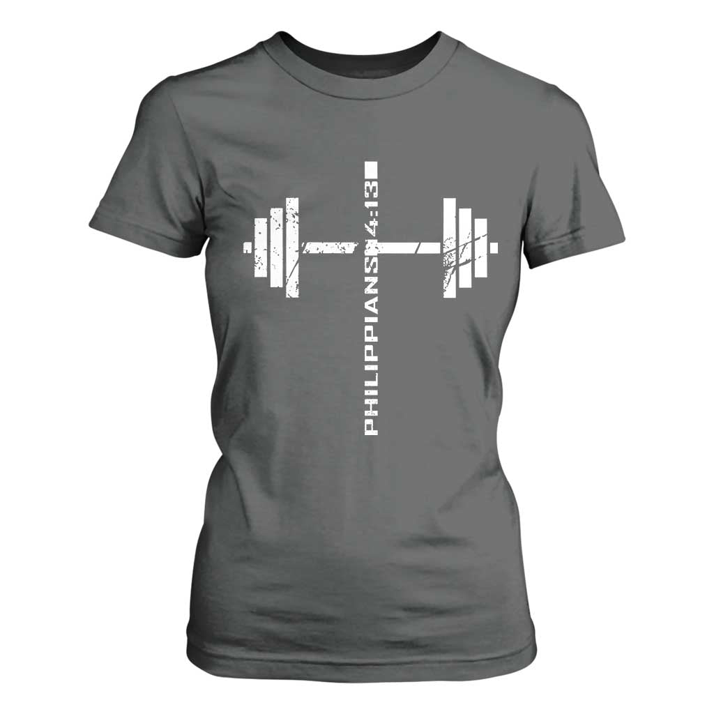 Christian Bible Gym T Shirt For Women Jesus Weightlifter Workout Faith Philippians 4 13 TS11 Dark Heather Print Your Wear