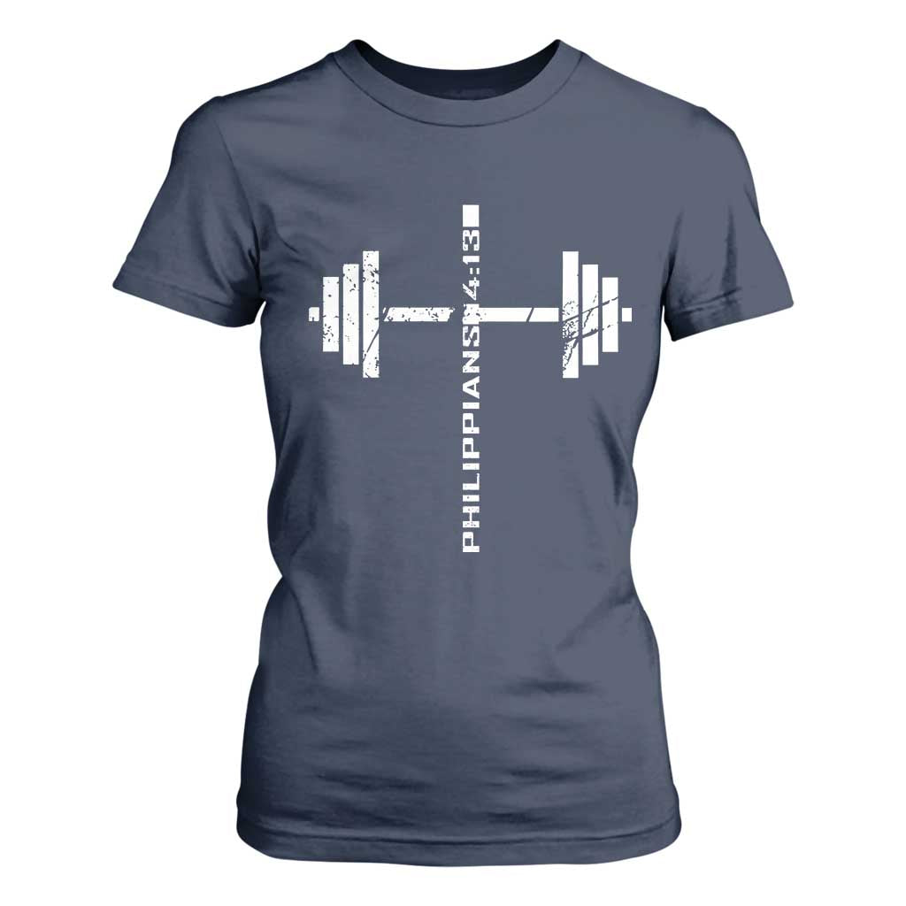 Christian Bible Gym T Shirt For Women Jesus Weightlifter Workout Faith Philippians 4 13 TS11 Navy Print Your Wear