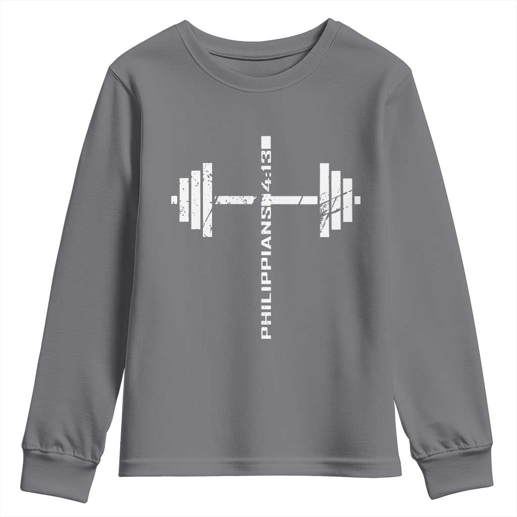 Christian Bible Gym Youth Sweatshirt Jesus Weightlifter Workout Faith Philippians 4 13 TS11 Charcoal Print Your Wear