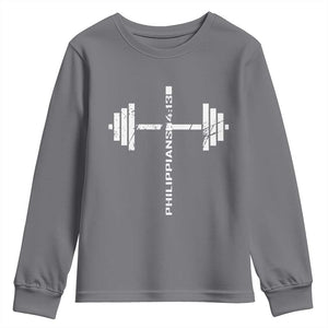 Christian Bible Gym Youth Sweatshirt Jesus Weightlifter Workout Faith Philippians 4 13 TS11 Charcoal Print Your Wear