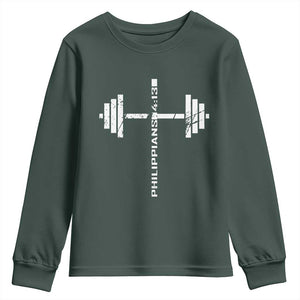 Christian Bible Gym Youth Sweatshirt Jesus Weightlifter Workout Faith Philippians 4 13 TS11 Dark Forest Green Print Your Wear