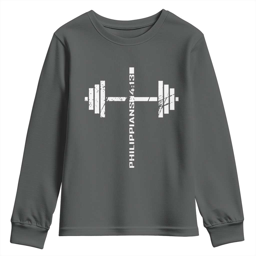Christian Bible Gym Youth Sweatshirt Jesus Weightlifter Workout Faith Philippians 4 13 TS11 Dark Heather Print Your Wear