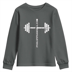 Christian Bible Gym Youth Sweatshirt Jesus Weightlifter Workout Faith Philippians 4 13 TS11 Dark Heather Print Your Wear
