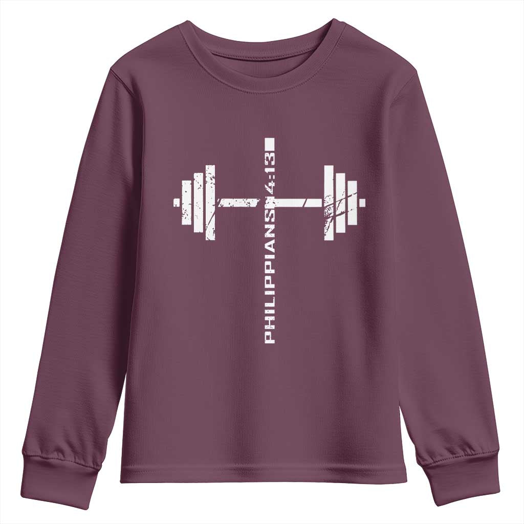 Christian Bible Gym Youth Sweatshirt Jesus Weightlifter Workout Faith Philippians 4 13 TS11 Maroon Print Your Wear